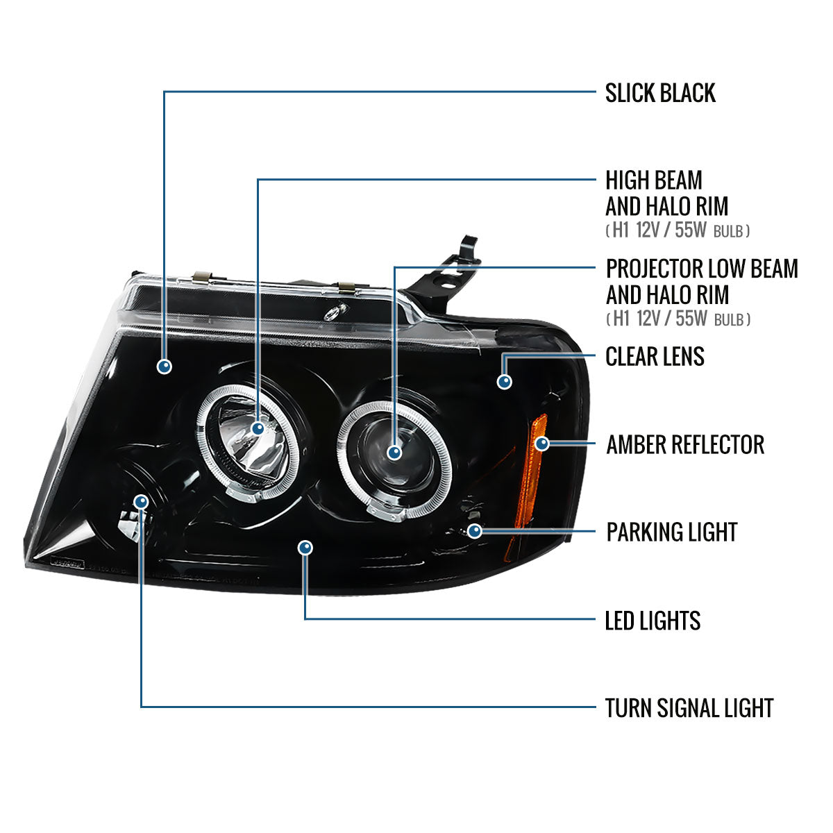 2004-2008 Ford F150 Lincoln Mark LT LED Dual Rims Projector Headlights Assembly Pair | Gloss Black
