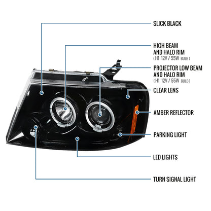 2004-2008 Ford F150 Lincoln Mark LT LED Dual Rims Projector Headlights Assembly Pair | Gloss Black