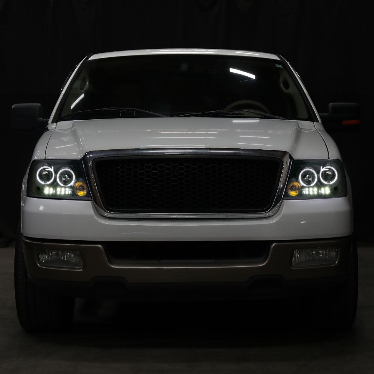 2004-2008 Ford F150 Lincoln Mark LT LED Dual Rims Projector Headlights Assembly Pair | Gloss Black
