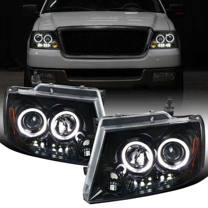 2004-2008 Ford F150 Lincoln Mark LT LED Dual Rims Projector Headlights Assembly Pair | Gloss Black