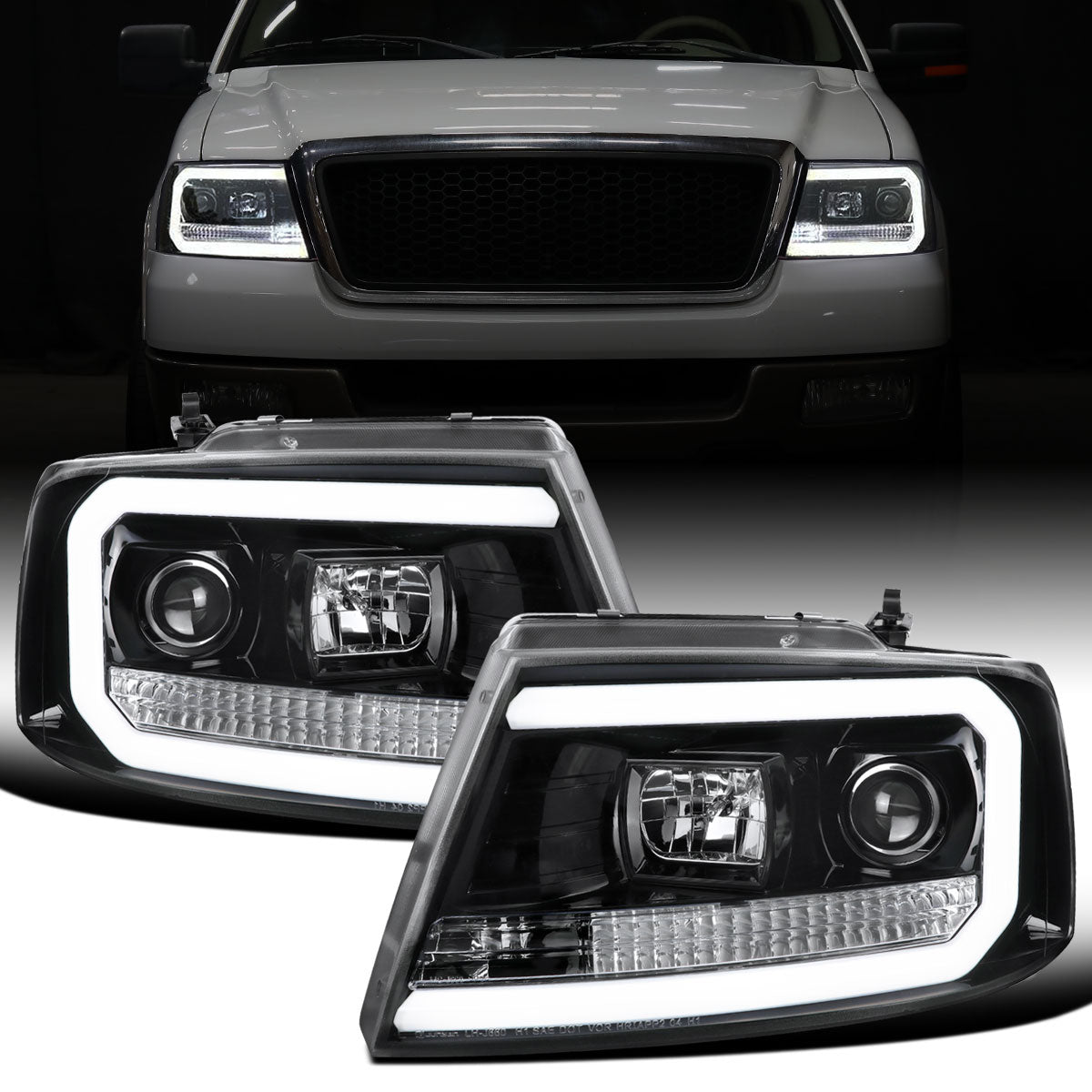 Ronnin - Fits 2004-2008 Ford F150 Lincoln Mark LT Upgraded Replacement LED Tube Driving Lights Projector Headlights Assembly Pair | Gloss Black
