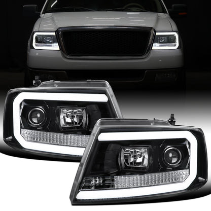 Ronnin - Fits 2004-2008 Ford F150 Lincoln Mark LT Upgraded Replacement LED Tube Driving Lights Projector Headlights Assembly Pair | Gloss Black