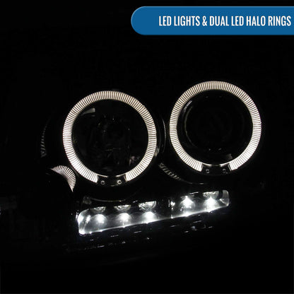 Ronnin - Fits 2004-2008 Ford F150 Lincoln Mark LT LED Dual Rims Projector Headlights Assembly Pair | Black Smoke
