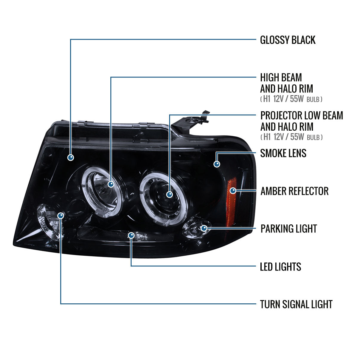 Ronnin - Fits 2004-2008 Ford F150 Lincoln Mark LT LED Dual Rims Projector Headlights Assembly Pair | Black Smoke
