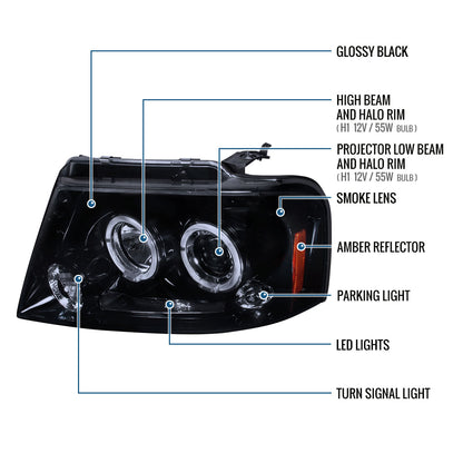 Ronnin - Fits 2004-2008 Ford F150 Lincoln Mark LT LED Dual Rims Projector Headlights Assembly Pair | Black Smoke