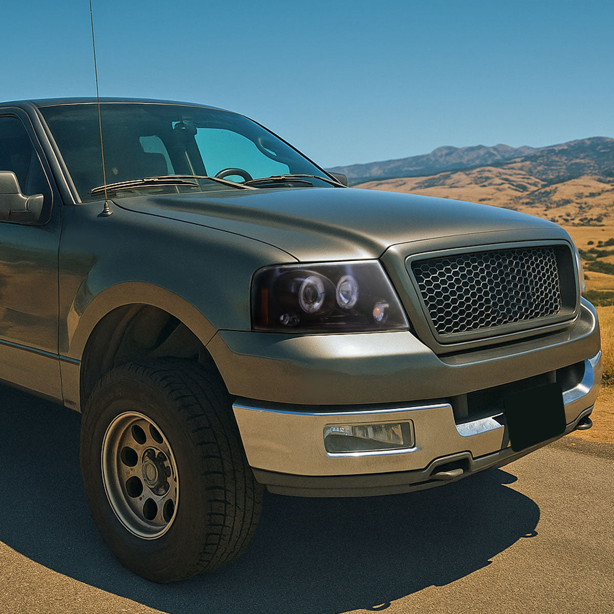 Ronnin - Fits 2004-2008 Ford F150 Lincoln Mark LT LED Dual Rims Projector Headlights Assembly Pair | Black Smoke