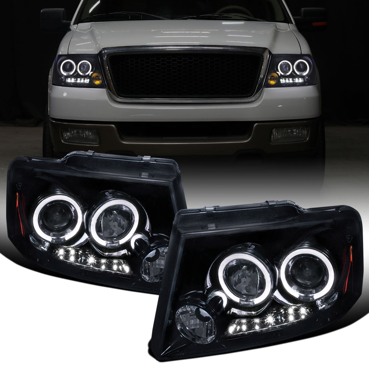 Ronnin - Fits 2004-2008 Ford F150 Lincoln Mark LT LED Dual Rims Projector Headlights Assembly Pair | Black Smoke