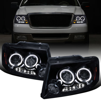 Ronnin - Fits 2004-2008 Ford F150 Lincoln Mark LT LED Dual Rims Projector Headlights Assembly Pair | Black Smoke