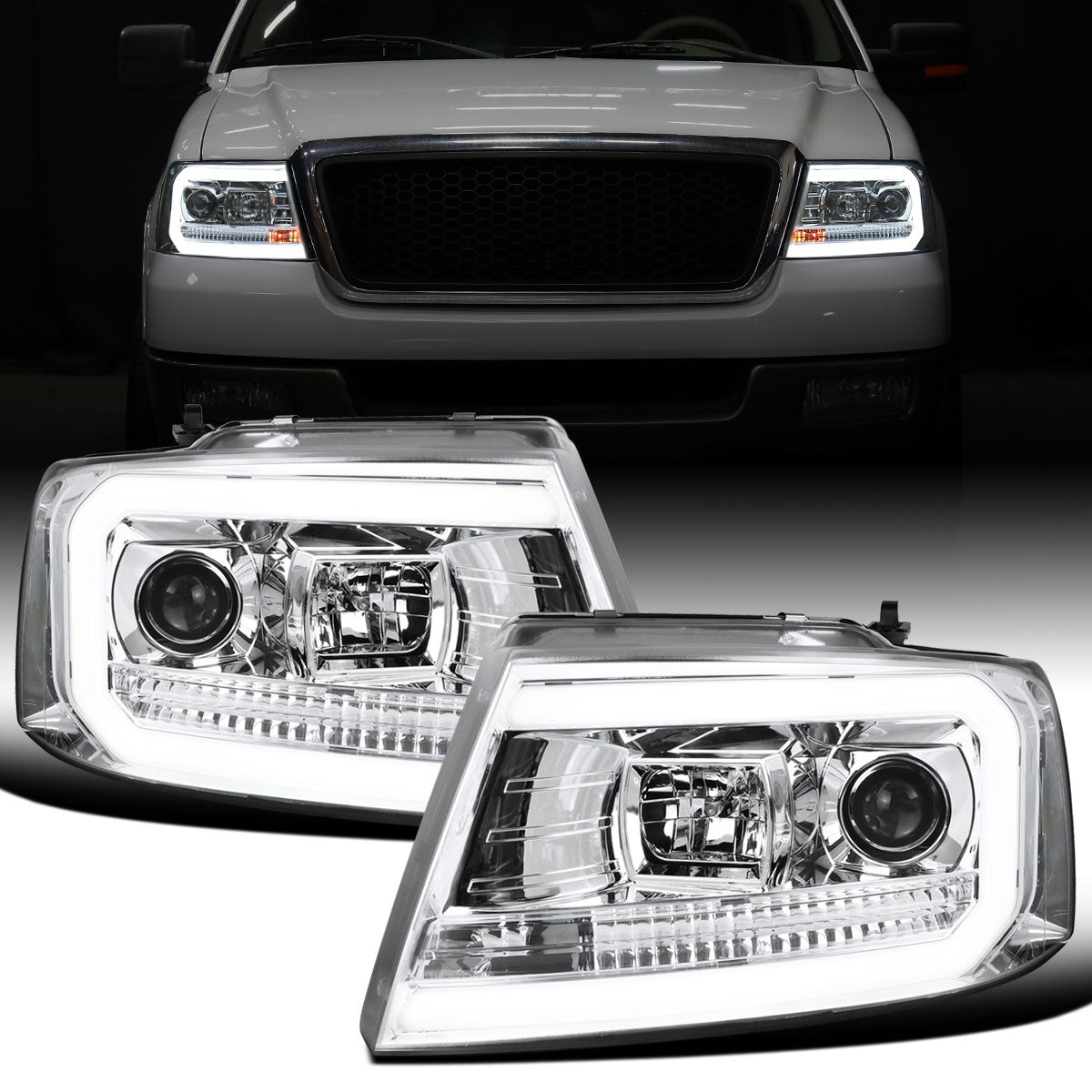Ronnin - Fits 2004-2008 Ford F150 Lincoln Mark LT Upgraded Replacement LED Tube Driving Lights Projector Headlights Assembly Pair | Chrome