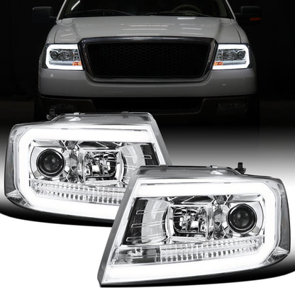 Ronnin - Fits 2004-2008 Ford F150 Lincoln Mark LT Upgraded Replacement LED Tube Driving Lights Projector Headlights Assembly Pair | Chrome