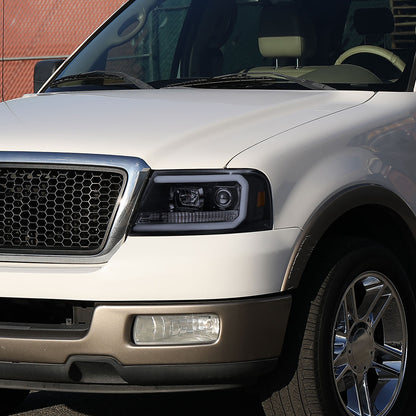 Ronnin - Fits 2004-2008 Ford F150 Lincoln Mark LT Upgraded Replacement LED Tube Driving Lights Projector Headlights Assembly Pair | Black Smoke