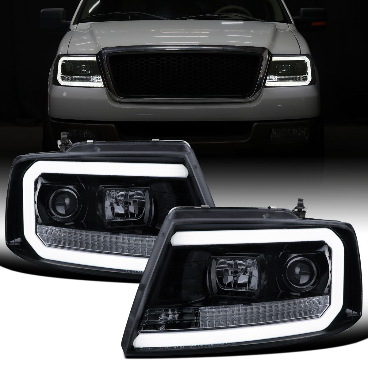 Ronnin - Fits 2004-2008 Ford F150 Lincoln Mark LT Upgraded Replacement LED Tube Driving Lights Projector Headlights Assembly Pair | Black Smoke