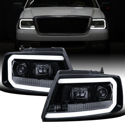 Ronnin - Fits 2004-2008 Ford F150 Lincoln Mark LT Upgraded Replacement LED Tube Driving Lights Projector Headlights Assembly Pair | Black Smoke