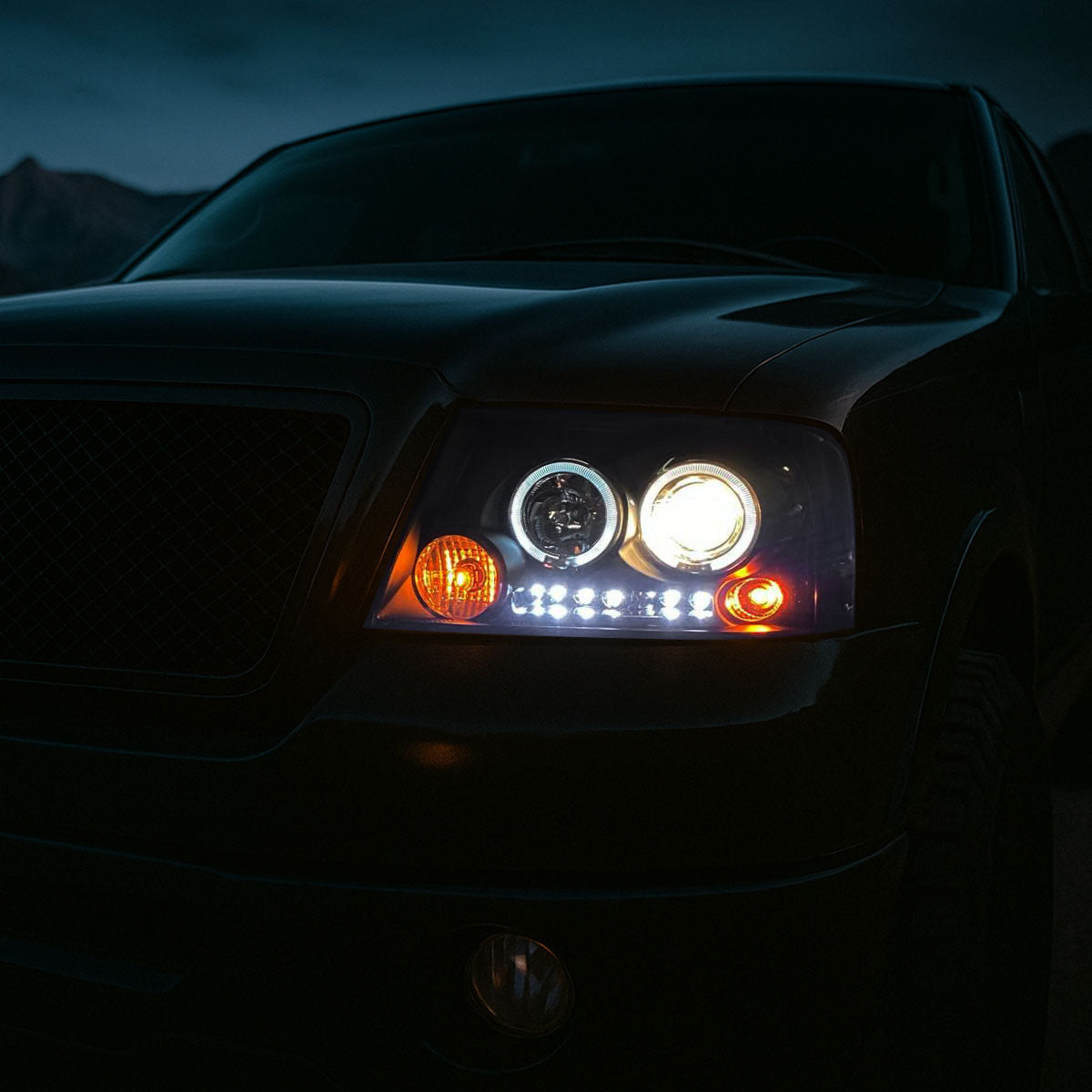 Ronnin - Fits 2004-2008 Ford F150 Lincoln Mark LT LED Dual Rims Projector Headlights Assembly Pair | Black