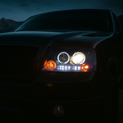 Ronnin - Fits 2004-2008 Ford F150 Lincoln Mark LT LED Dual Rims Projector Headlights Assembly Pair | Black