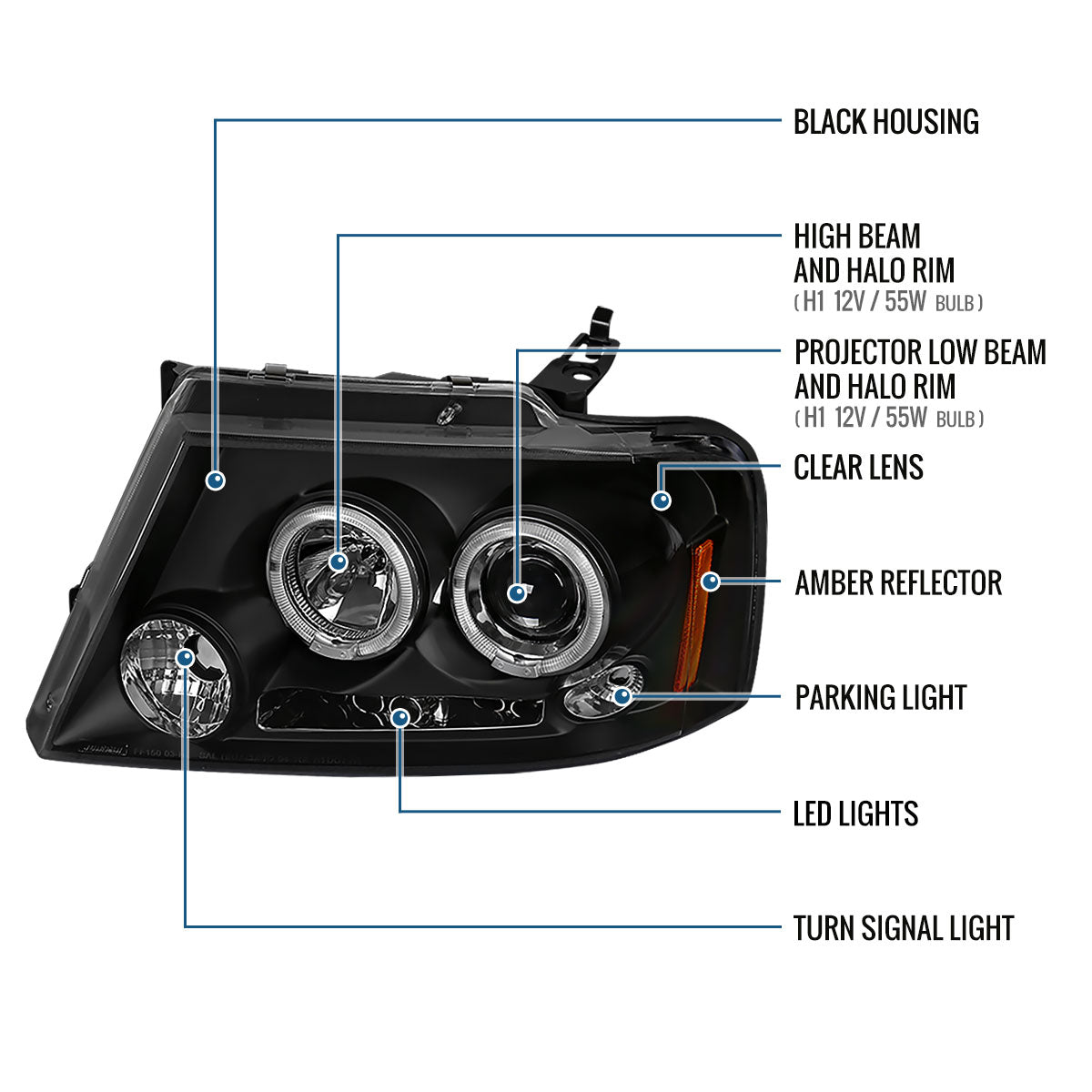 Ronnin - Fits 2004-2008 Ford F150 Lincoln Mark LT LED Dual Rims Projector Headlights Assembly Pair | Black