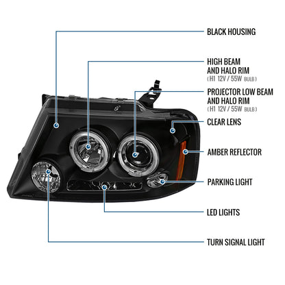 Ronnin - Fits 2004-2008 Ford F150 Lincoln Mark LT LED Dual Rims Projector Headlights Assembly Pair | Black