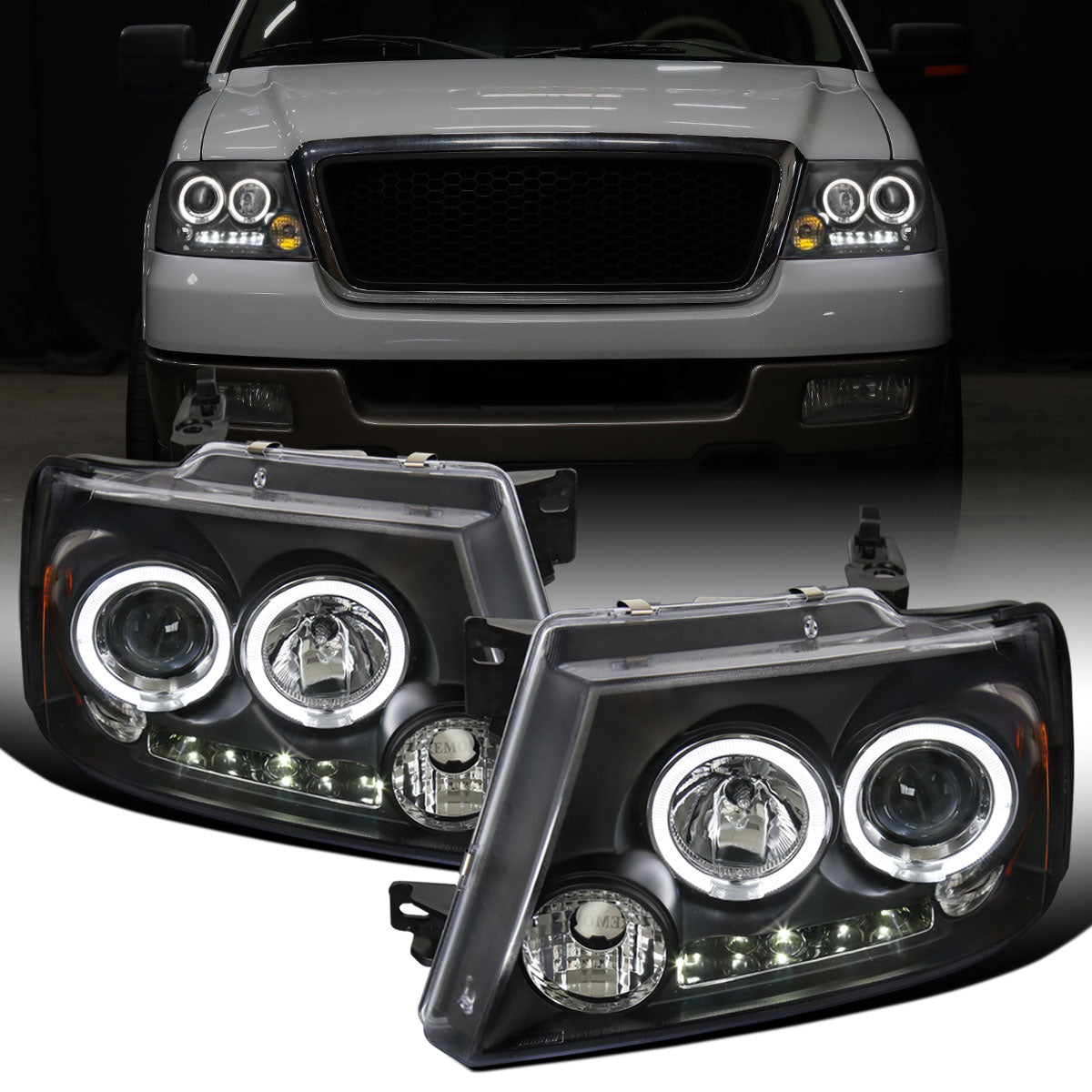 Ronnin - Fits 2004-2008 Ford F150 Lincoln Mark LT LED Dual Rims Projector Headlights Assembly Pair | Black