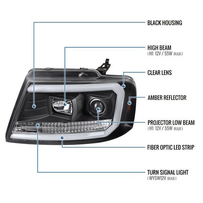 Ronnin - Fits 2004-2008 Ford F150 Lincoln Mark LT Upgraded Replacement LED Tube Driving Lights Projector Headlights Assembly Pair | Black