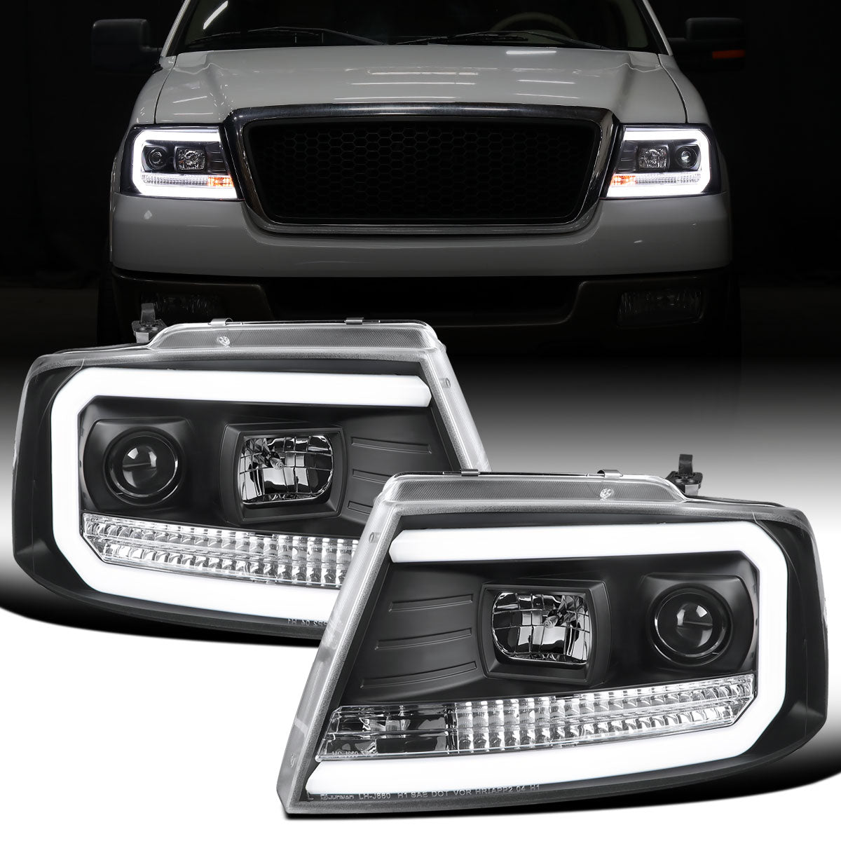 Ronnin - Fits 2004-2008 Ford F150 Lincoln Mark LT Upgraded Replacement LED Tube Driving Lights Projector Headlights Assembly Pair | Black