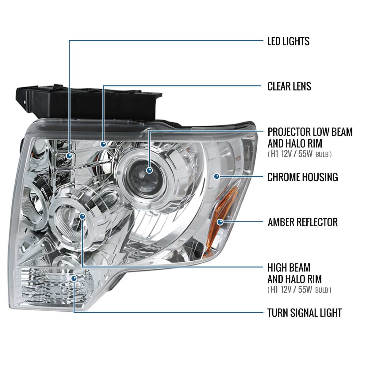 2009-2014 Ford F150 Upgraded Replacement LED Dual Rims Projector Halogen Headlights Assembly Pair | Chrome