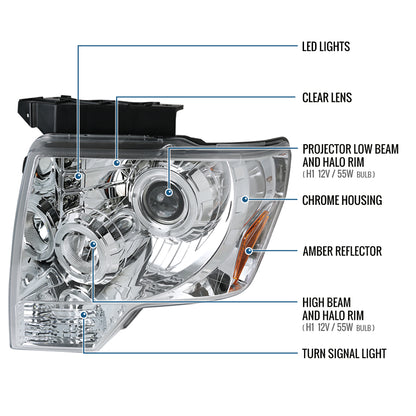 2009-2014 Ford F150 Upgraded Replacement LED Dual Rims Projector Halogen Headlights Assembly Pair | Chrome