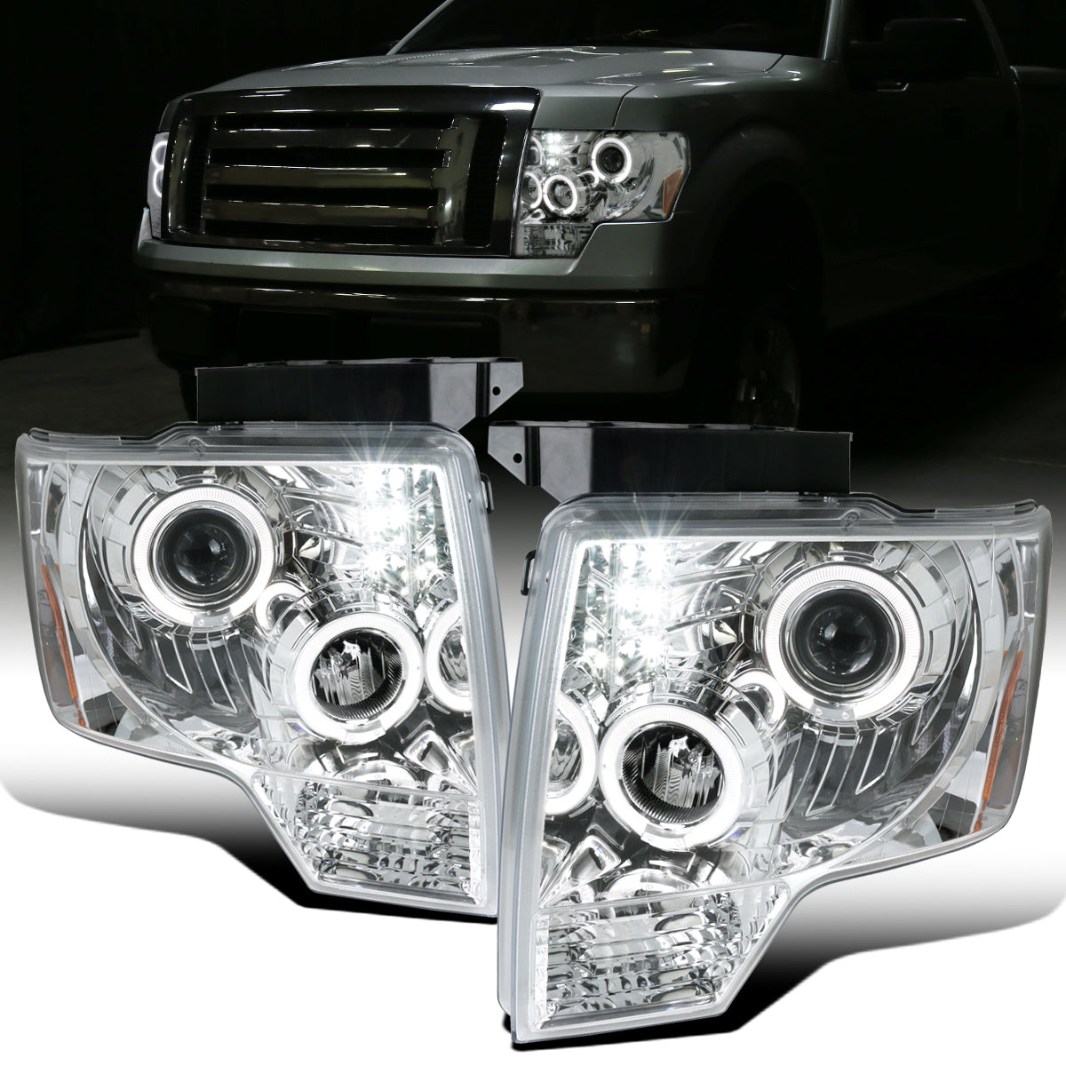 2009-2014 Ford F150 Upgraded Replacement LED Dual Rims Projector Halogen Headlights Assembly Pair | Chrome