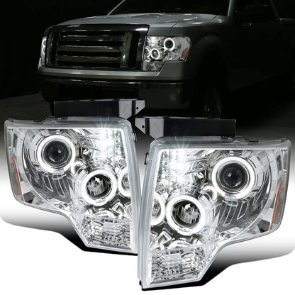 2009-2014 Ford F150 Upgraded Replacement LED Dual Rims Projector Halogen Headlights Assembly Pair | Chrome