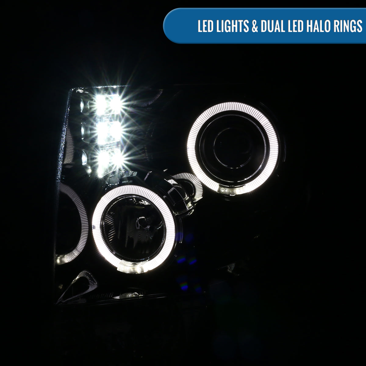 2009-2014 Ford F150 Upgraded Replacement LED Dual Rims Projector Halogen Headlights Assembly Pair | Gloss Black