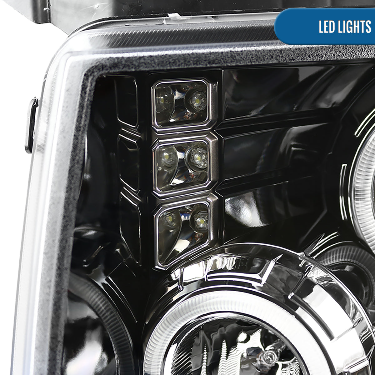 2009-2014 Ford F150 Upgraded Replacement LED Dual Rims Projector Halogen Headlights Assembly Pair | Gloss Black