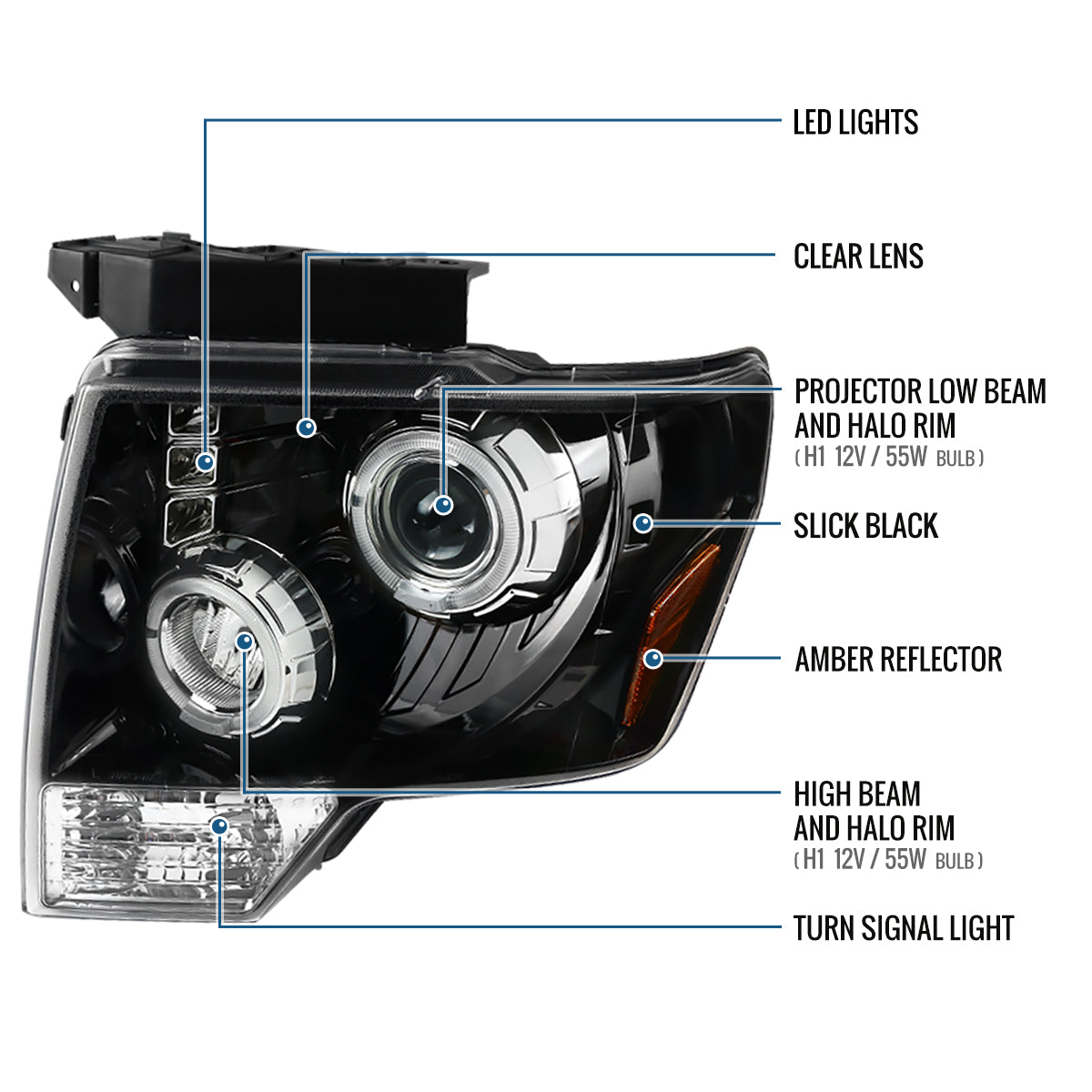 2009-2014 Ford F150 Upgraded Replacement LED Dual Rims Projector Halogen Headlights Assembly Pair | Gloss Black