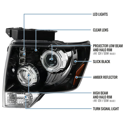 2009-2014 Ford F150 Upgraded Replacement LED Dual Rims Projector Halogen Headlights Assembly Pair | Gloss Black