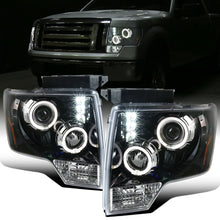2009-2014 Ford F150 Upgraded Replacement LED Dual Rims Projector Halogen Headlights Assembly Pair | Gloss Black