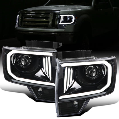 Ronnin - Fits 2009-2014 Ford F150 Pickup Truck Upgraded Replacement LED Tubes Projector Halogen Headlights Assembly Pair | Gloss Black