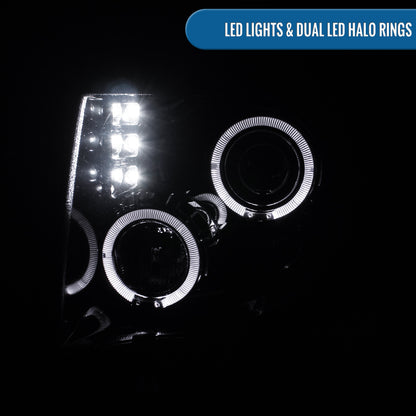2009-2014 Ford F150 Upgraded Replacement LED Dual Rims Projector Halogen Headlights Assembly Pair | Black Smoke