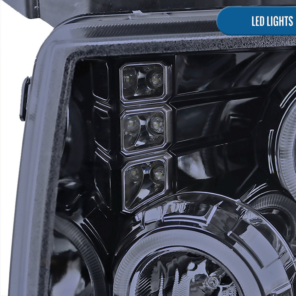 2009-2014 Ford F150 Upgraded Replacement LED Dual Rims Projector Halogen Headlights Assembly Pair | Black Smoke