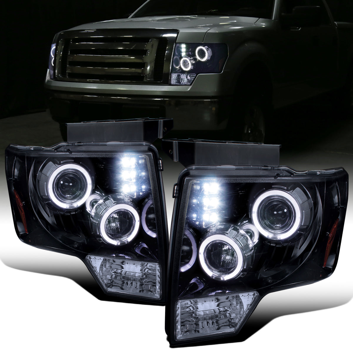 2009-2014 Ford F150 Upgraded Replacement LED Dual Rims Projector Halogen Headlights Assembly Pair | Black Smoke