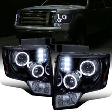2009-2014 Ford F150 Upgraded Replacement LED Dual Rims Projector Halogen Headlights Assembly Pair | Black Smoke