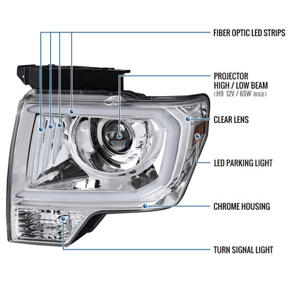 Ronnin - Fits 2009-2014 Ford F150 Pickup Truck Upgraded Replacement LED Tubes Projector Halogen Headlights Assembly Pair  | Chrome