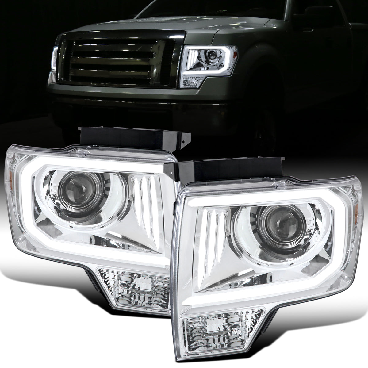 Ronnin - Fits 2009-2014 Ford F150 Pickup Truck Upgraded Replacement LED Tubes Projector Halogen Headlights Assembly Pair  | Chrome