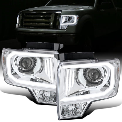 Ronnin - Fits 2009-2014 Ford F150 Pickup Truck Upgraded Replacement LED Tubes Projector Halogen Headlights Assembly Pair  | Chrome