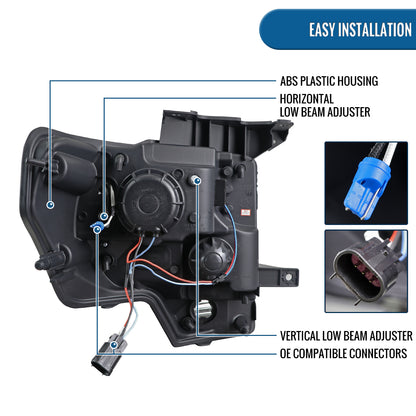 Ronnin - Fits 2009-2014 Ford F150 Pickup Truck Upgraded Replacement LED Tubes Projector Halogen Headlights Assembly Pair | Black Smoke