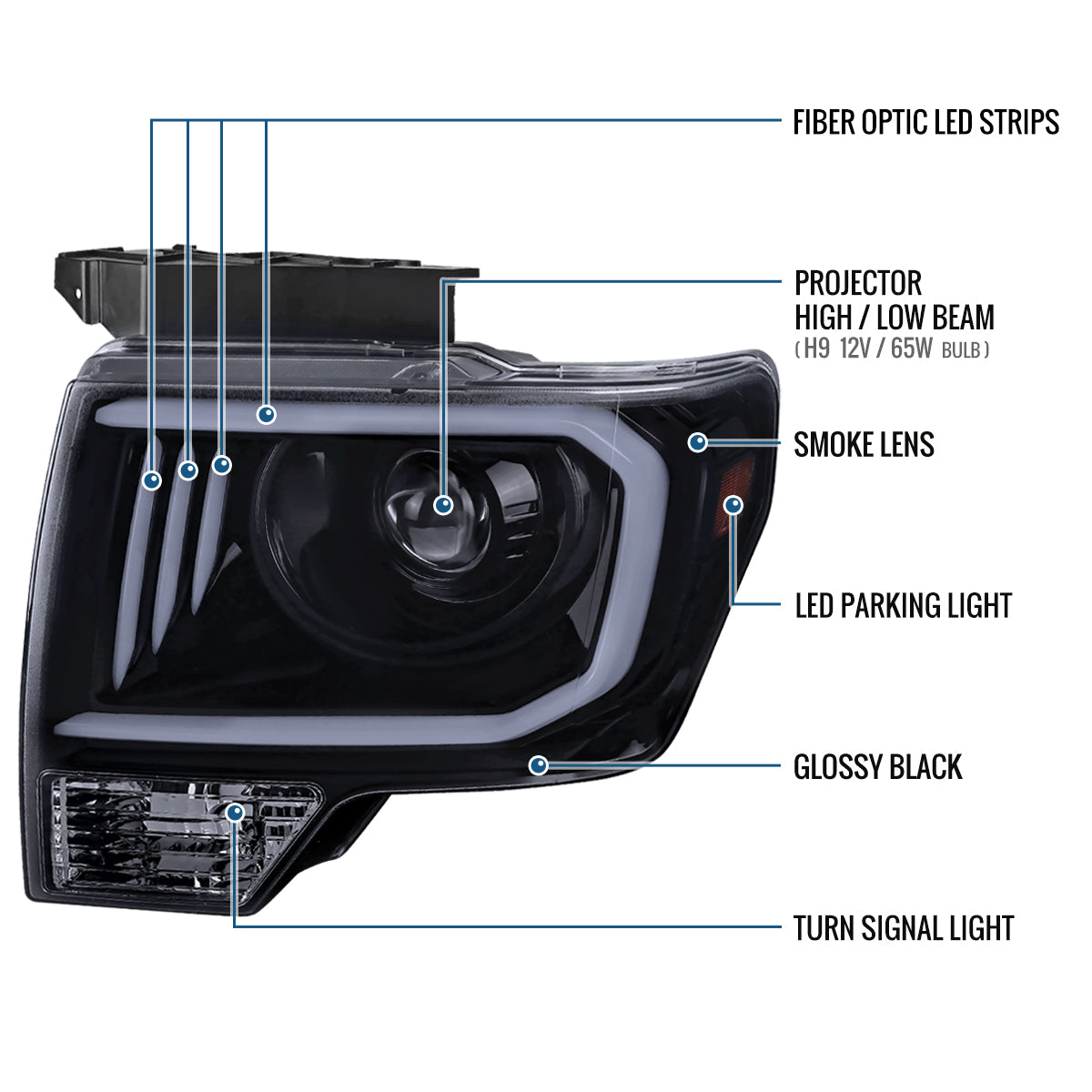 Ronnin - Fits 2009-2014 Ford F150 Pickup Truck Upgraded Replacement LED Tubes Projector Halogen Headlights Assembly Pair | Black Smoke