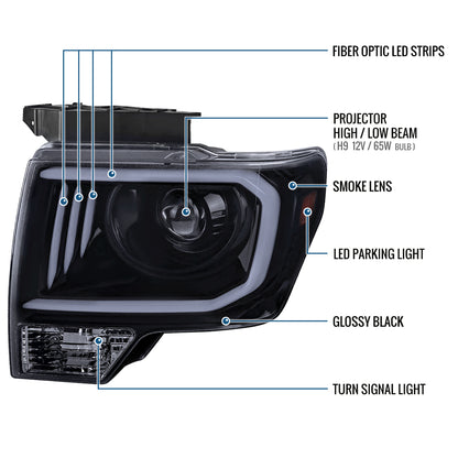 Ronnin - Fits 2009-2014 Ford F150 Pickup Truck Upgraded Replacement LED Tubes Projector Halogen Headlights Assembly Pair | Black Smoke