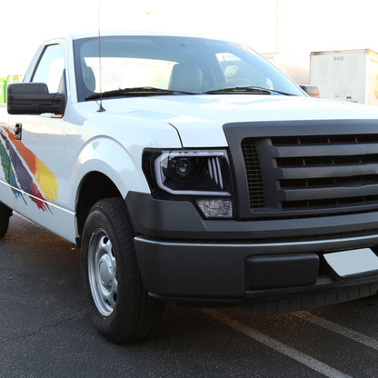 Ronnin - Fits 2009-2014 Ford F150 Pickup Truck Upgraded Replacement LED Tubes Projector Halogen Headlights Assembly Pair | Black Smoke