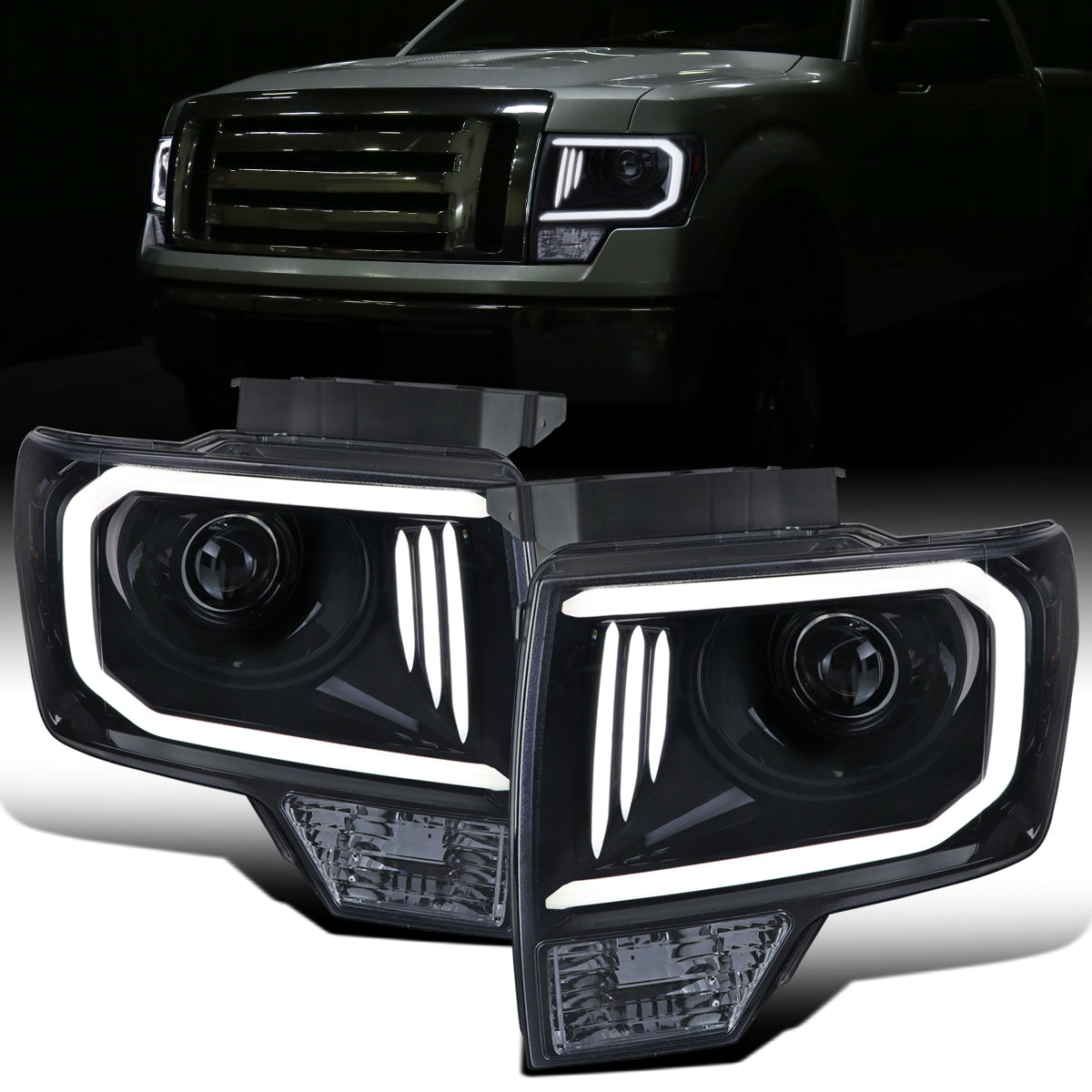 Ronnin - Fits 2009-2014 Ford F150 Pickup Truck Upgraded Replacement LED Tubes Projector Halogen Headlights Assembly Pair | Black Smoke