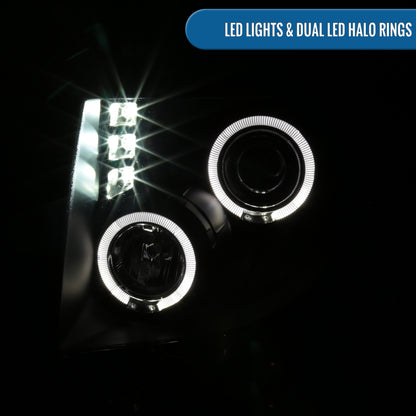2009-2014 Ford F150 Upgraded Replacement LED Dual Rims Projector Halogen Headlights Assembly Pair | Black