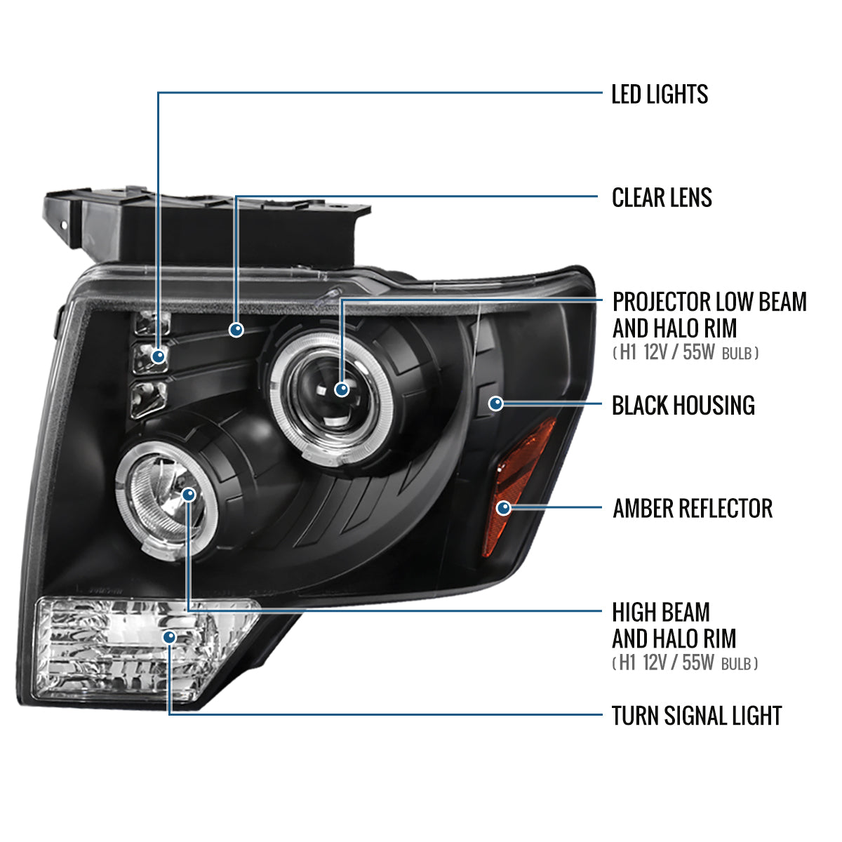 2009-2014 Ford F150 Upgraded Replacement LED Dual Rims Projector Halogen Headlights Assembly Pair | Black