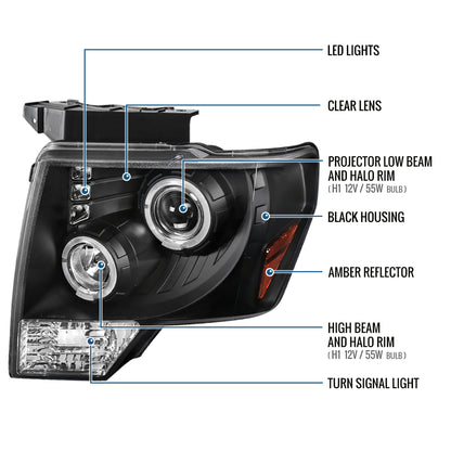 2009-2014 Ford F150 Upgraded Replacement LED Dual Rims Projector Halogen Headlights Assembly Pair | Black