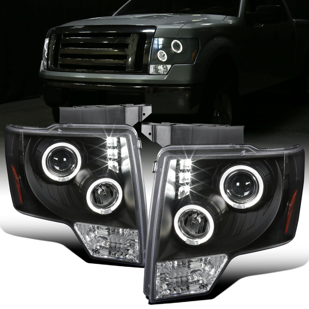 2009-2014 Ford F150 Upgraded Replacement LED Dual Rims Projector Halogen Headlights Assembly Pair | Black